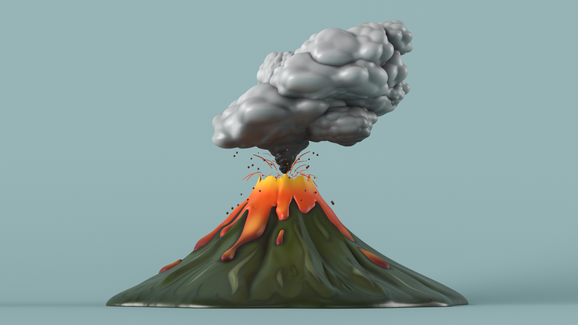 3D Stylized Erupting Volcano Green