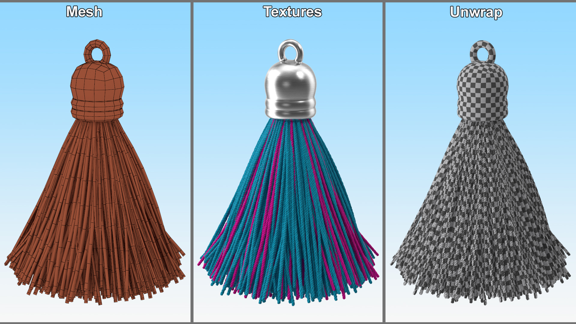 Metal Cap Yarn Tassel Multicolor 3D