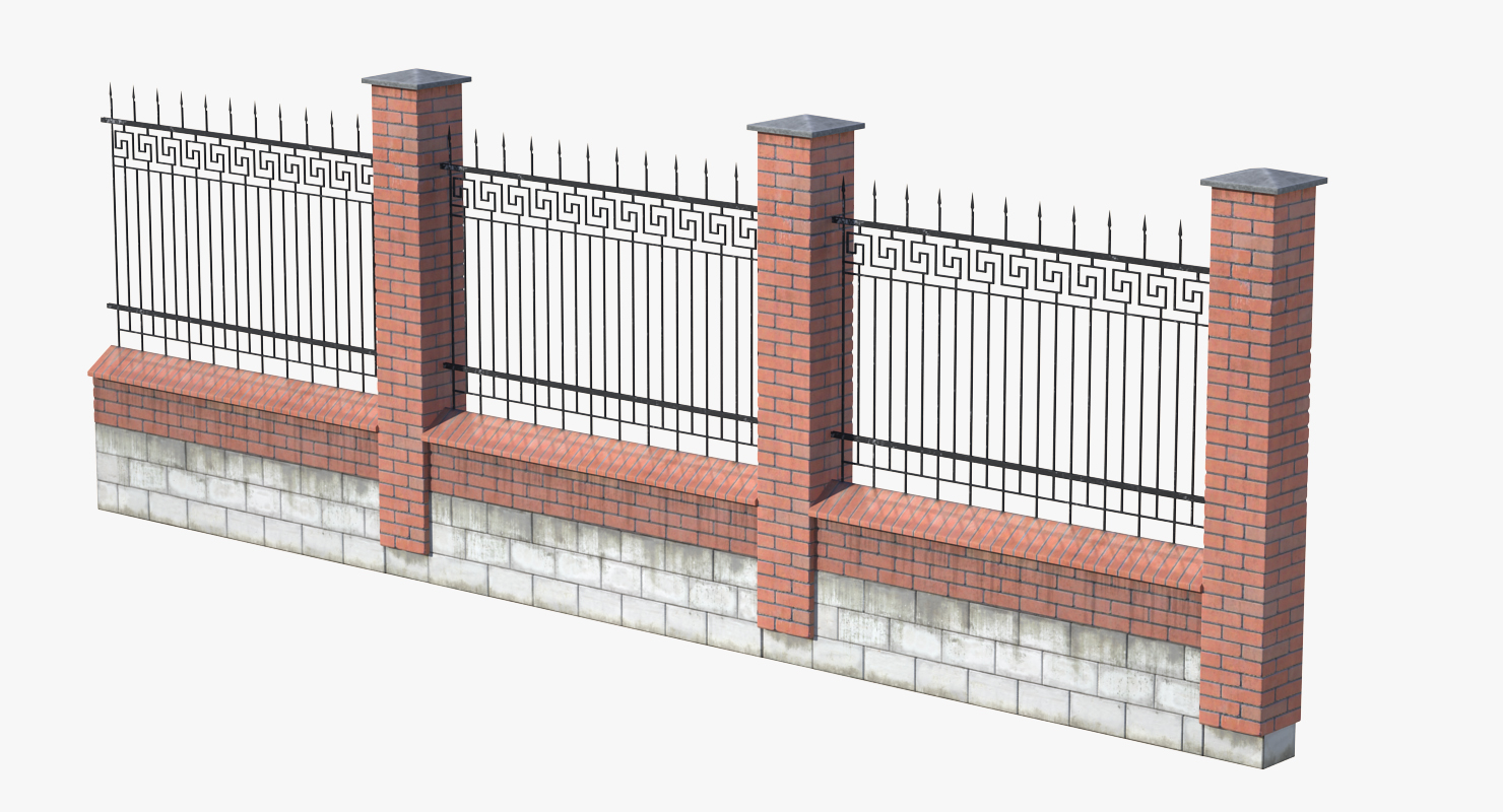 Old Brick Wall and Iron Fence 3D model