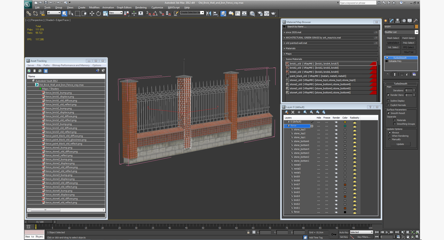 Old Brick Wall and Iron Fence 3D model