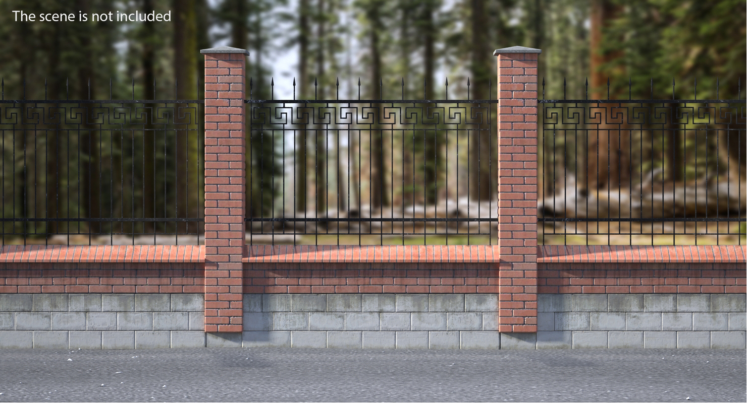 Old Brick Wall and Iron Fence 3D model