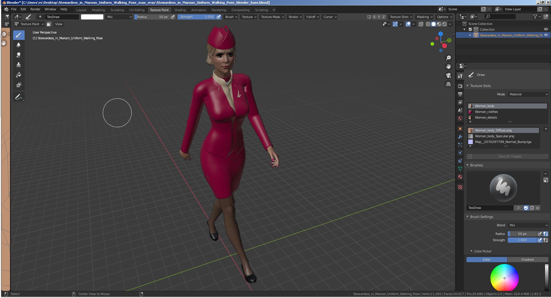 3D Stewardess in Maroon Uniform Walking Pose