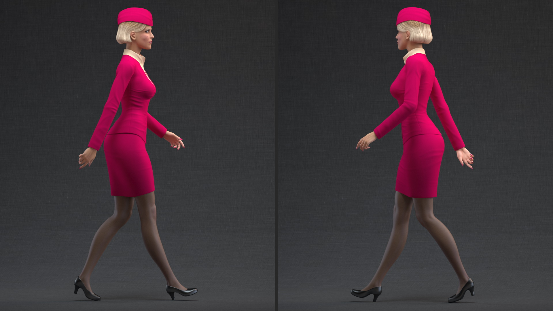 3D Stewardess in Maroon Uniform Walking Pose