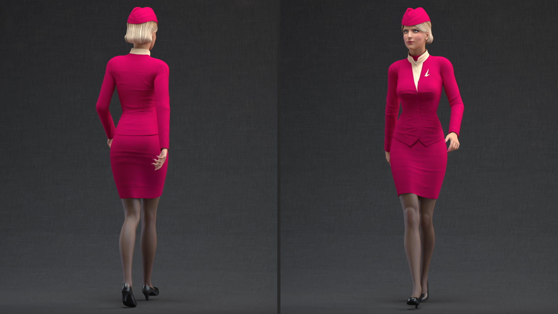 3D Stewardess in Maroon Uniform Walking Pose