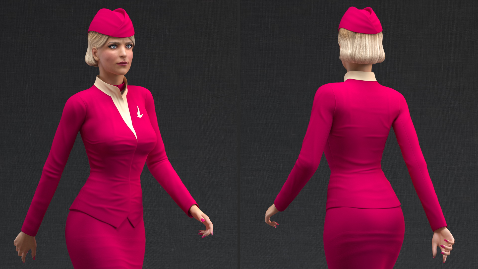 3D Stewardess in Maroon Uniform Walking Pose