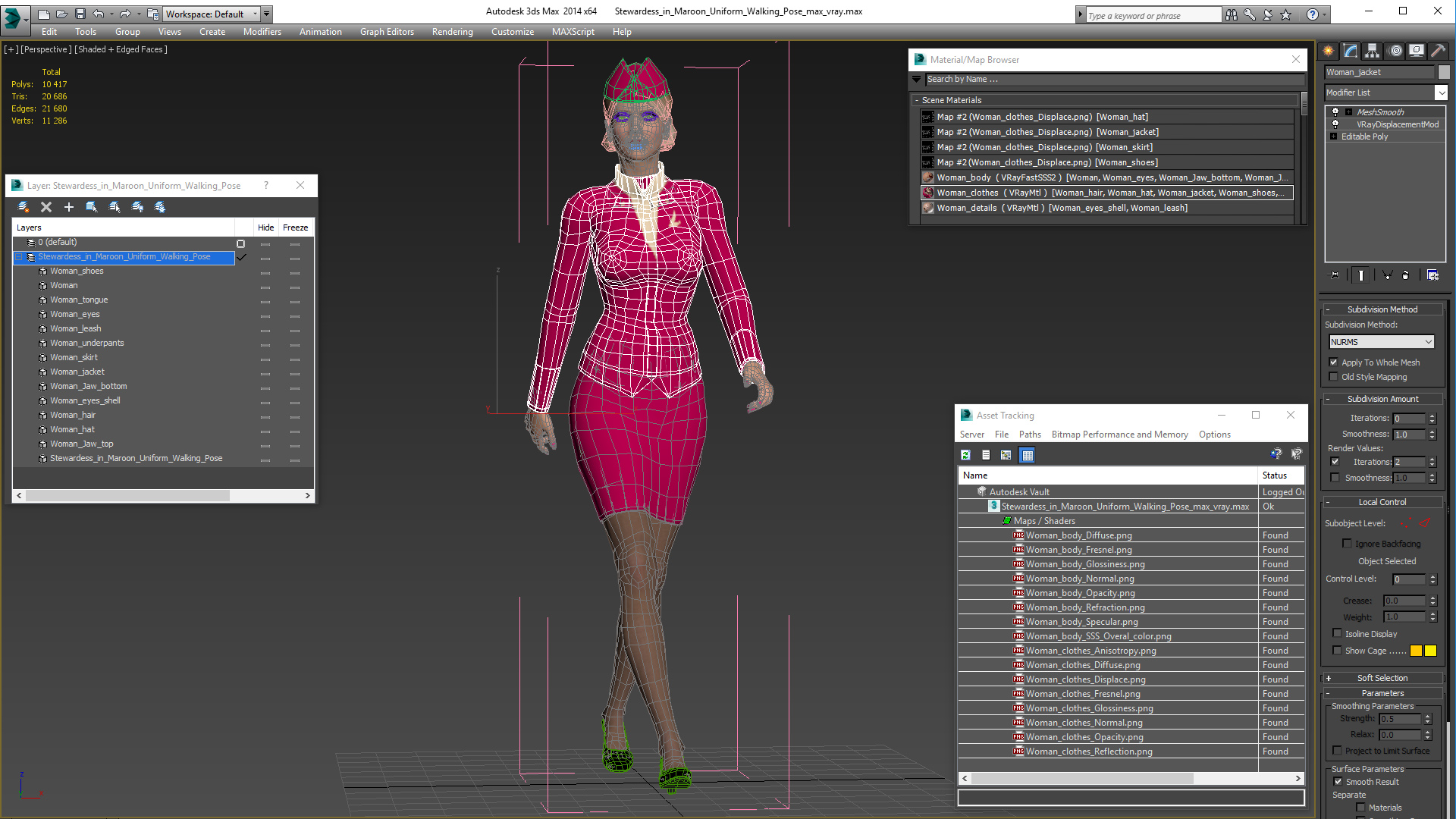 3D Stewardess in Maroon Uniform Walking Pose