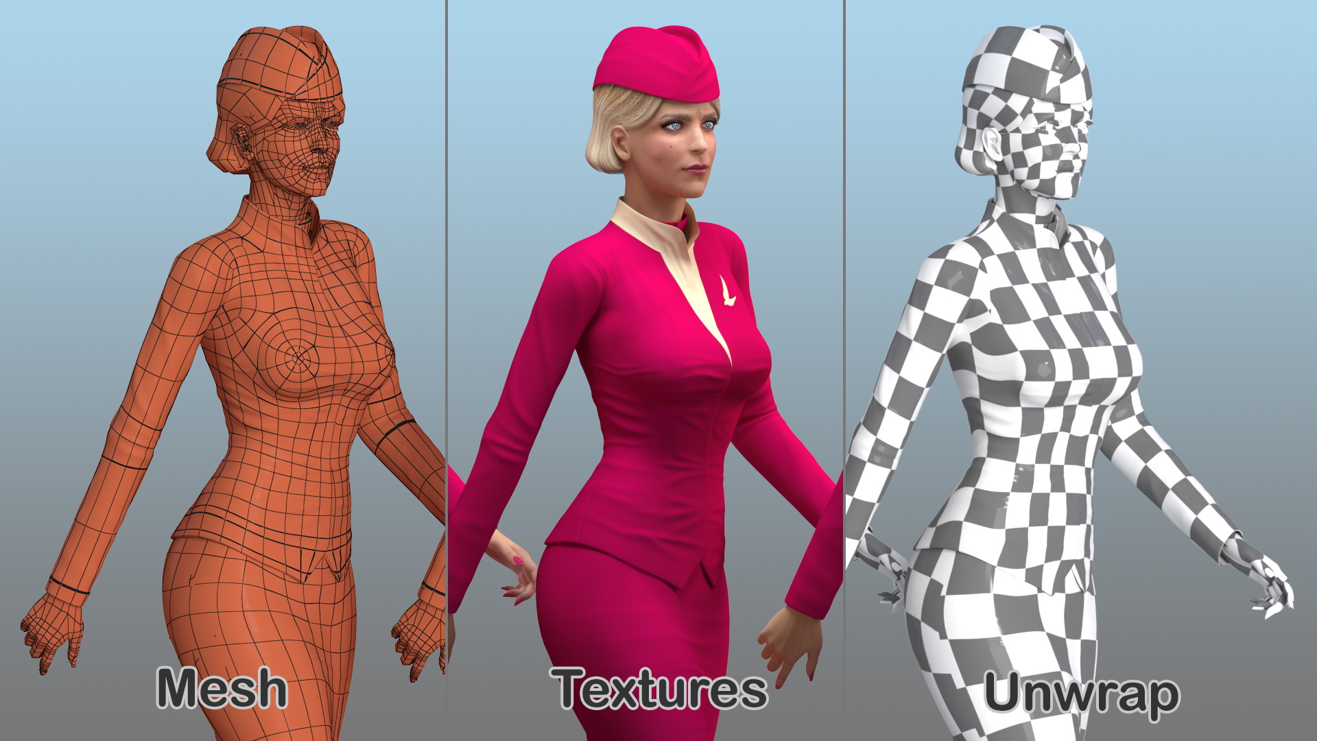 3D Stewardess in Maroon Uniform Walking Pose