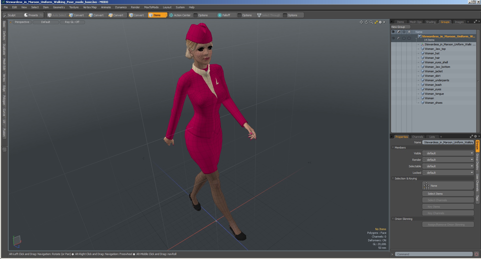 3D Stewardess in Maroon Uniform Walking Pose