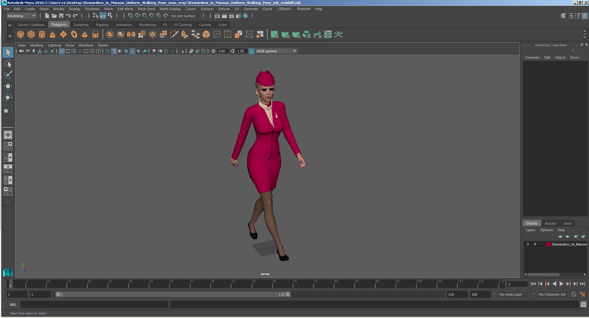 3D Stewardess in Maroon Uniform Walking Pose