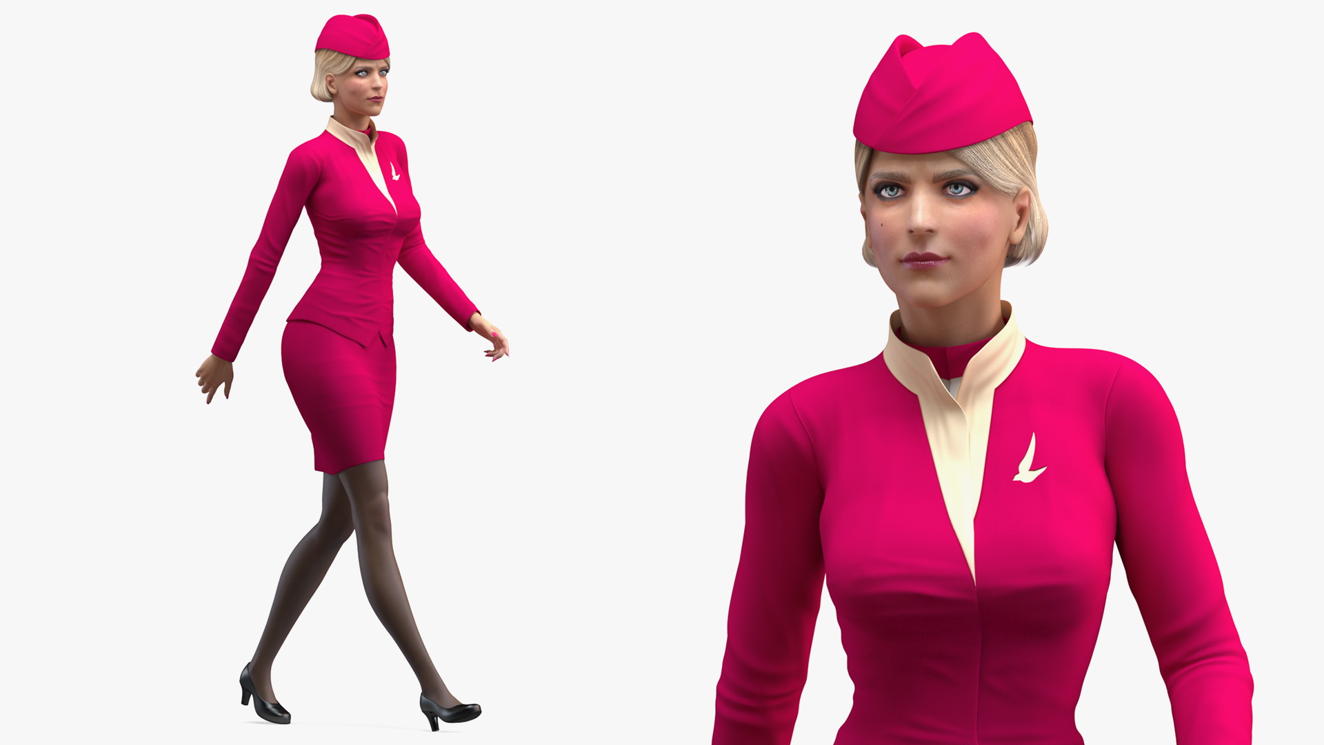 3D Stewardess in Maroon Uniform Walking Pose