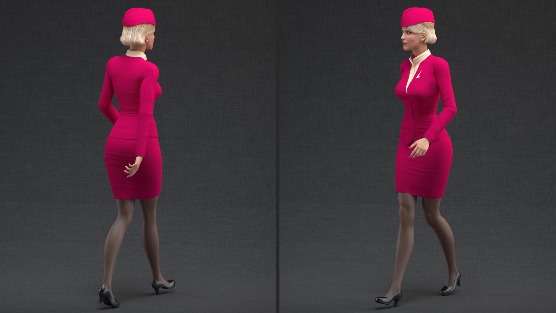 3D Stewardess in Maroon Uniform Walking Pose