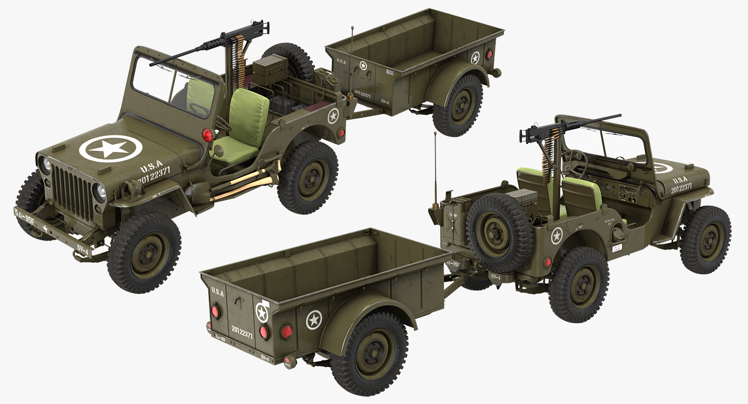 3D model Willys Jeep MB 44 with Trailer