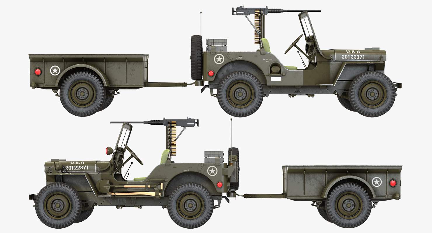 3D model Willys Jeep MB 44 with Trailer