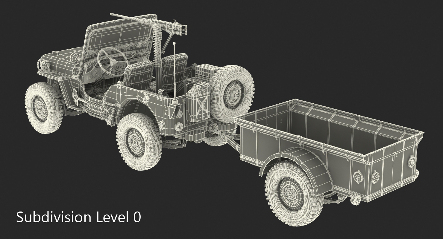 3D model Willys Jeep MB 44 with Trailer