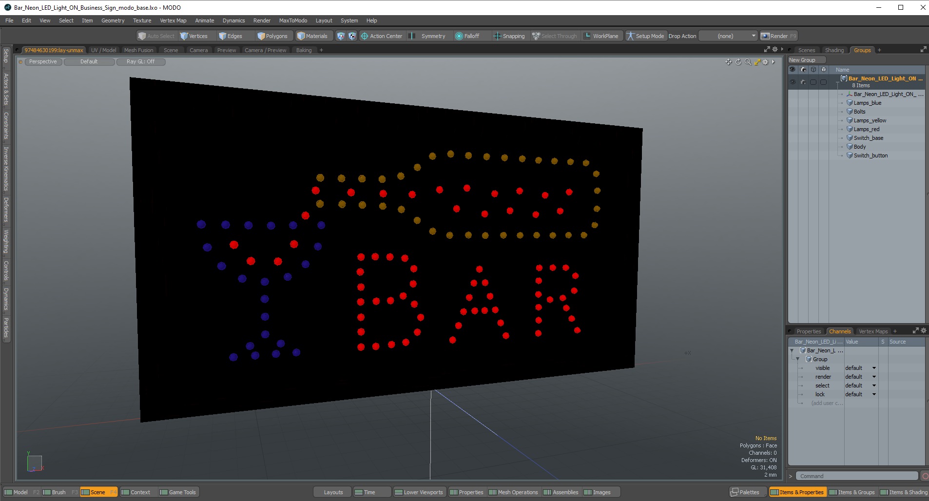 3D model Bar Neon LED Light ON Business Sign