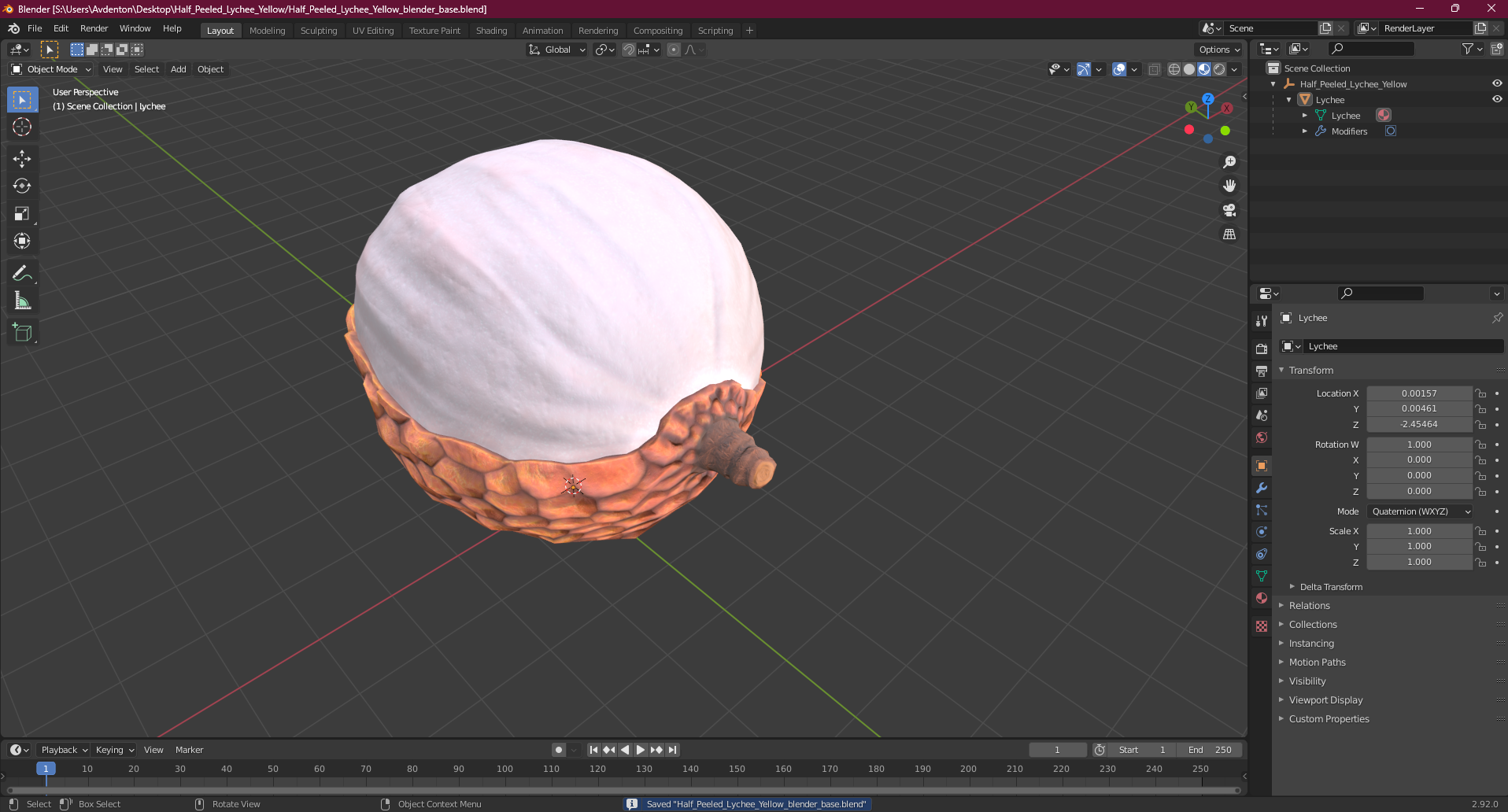 3D model Half Peeled Lychee Yellow