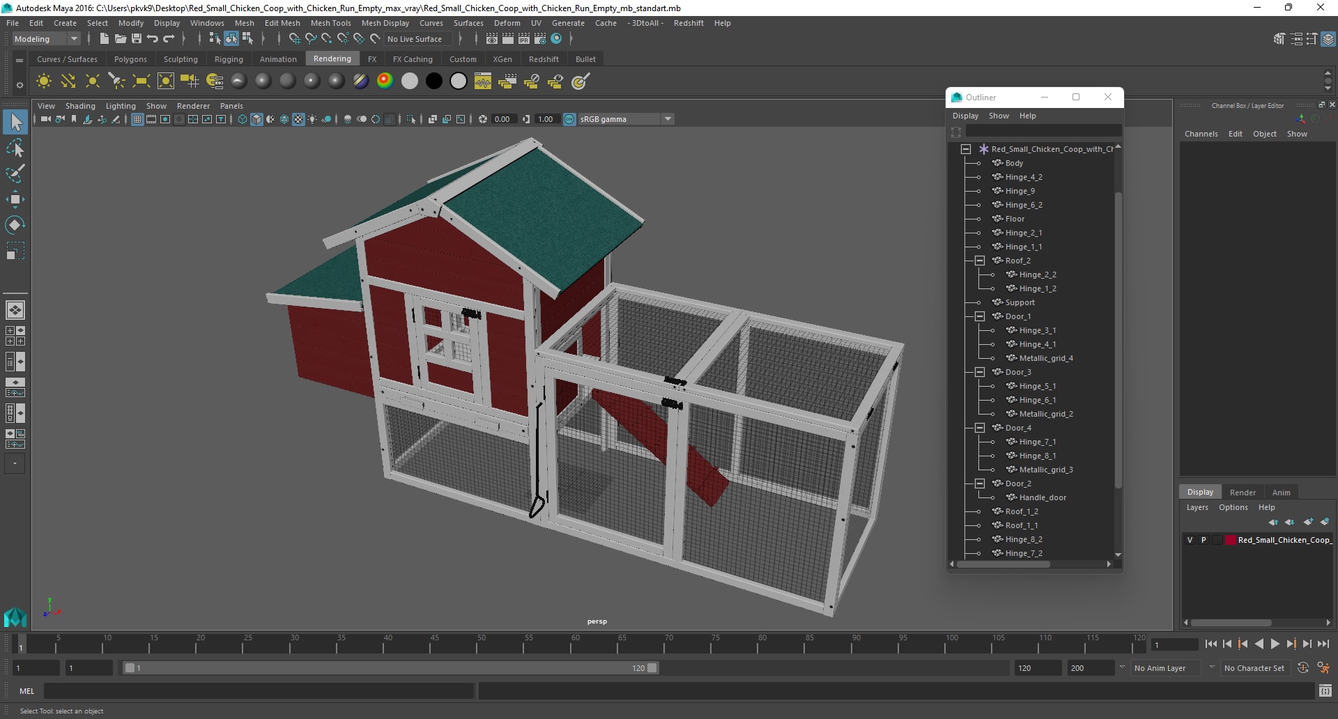 3D model Red Small Chicken Coop with Chicken Run Empty