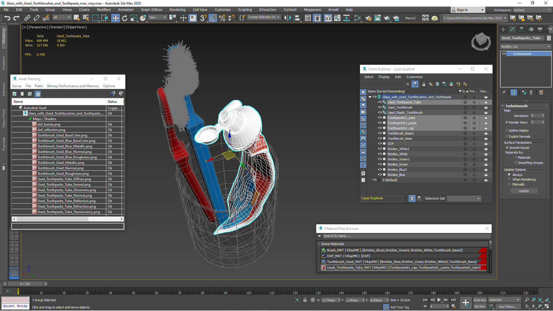 3D Glass with Used Toothbrushes and Toothpaste model