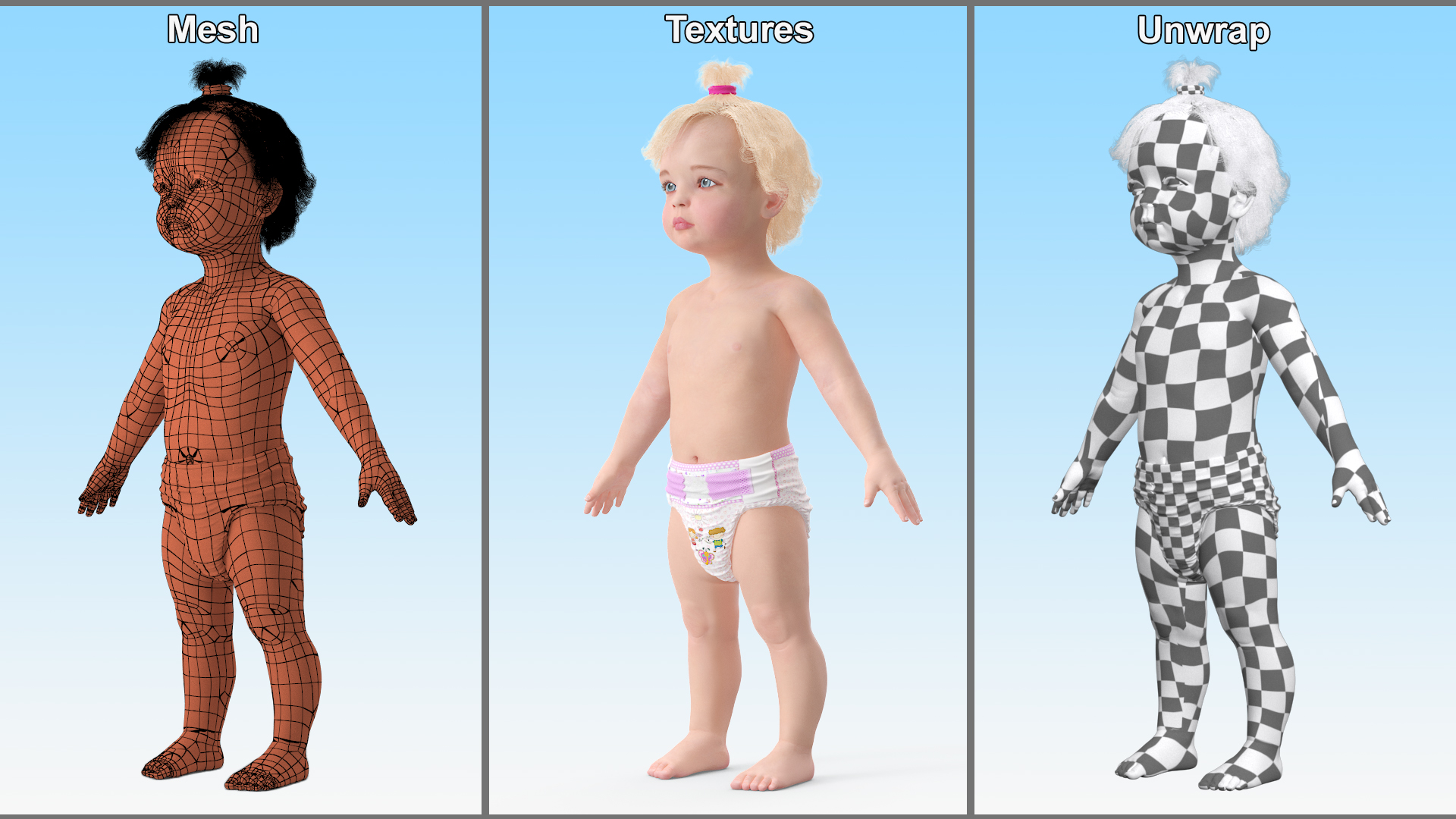 3D Baby Girl Wearing Diaper A-Pose