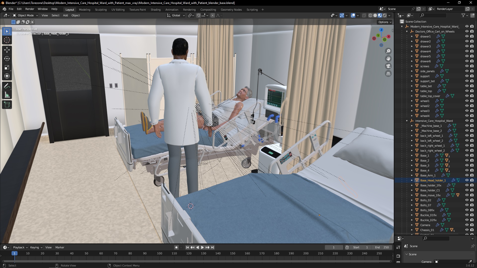 3D Modern Intensive Care Hospital Ward with Patient model