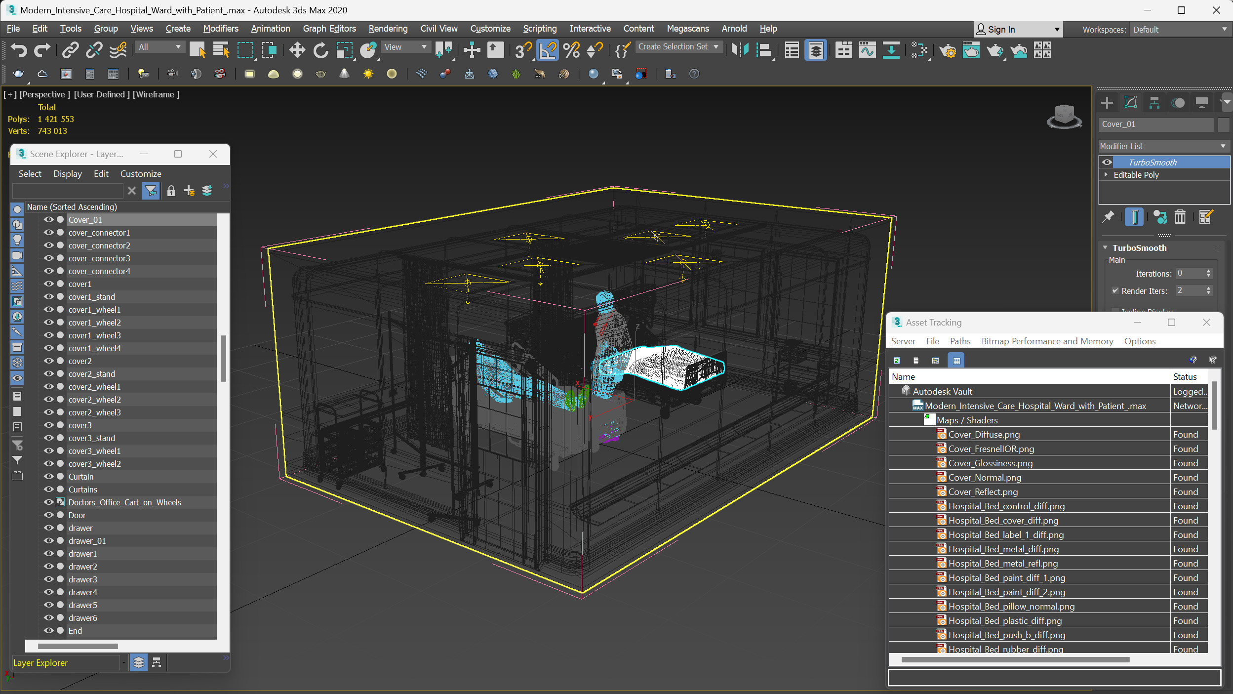 3D Modern Intensive Care Hospital Ward with Patient model