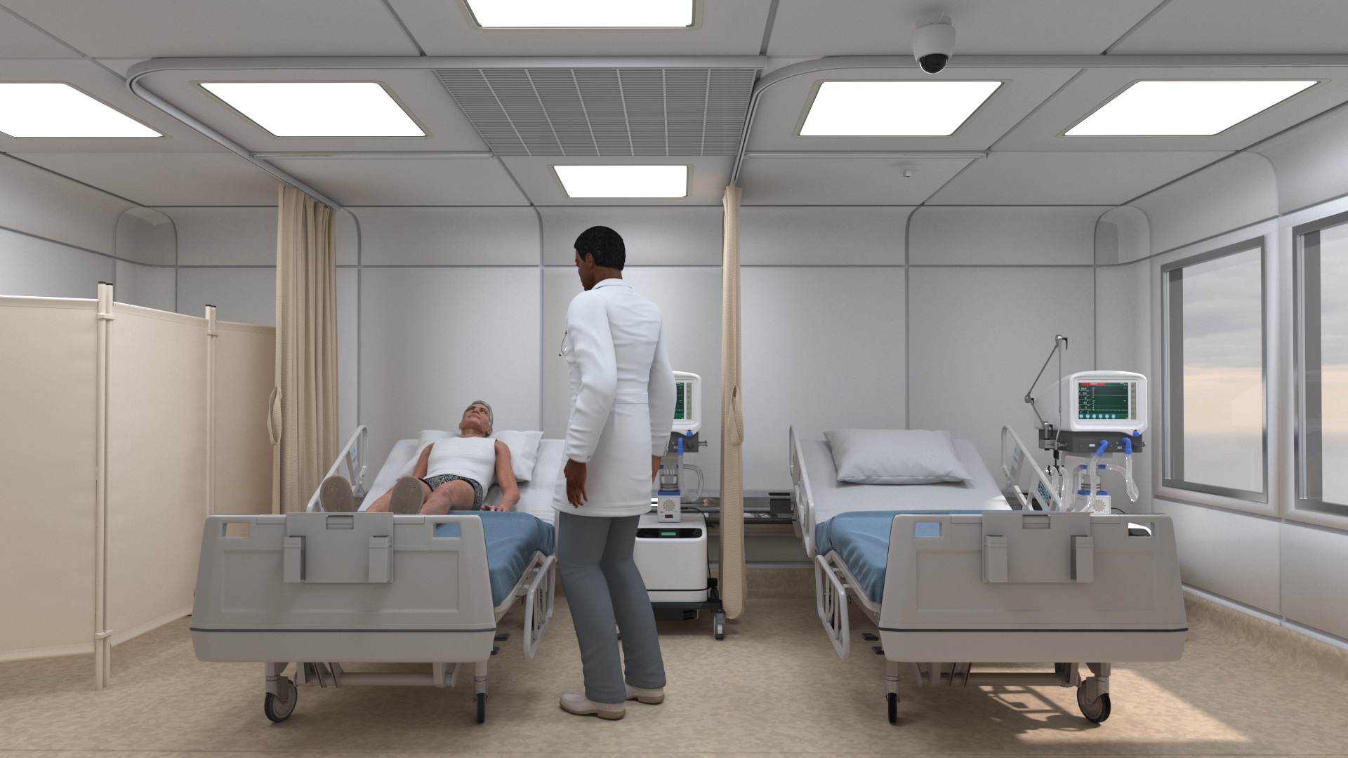 3D Modern Intensive Care Hospital Ward with Patient model