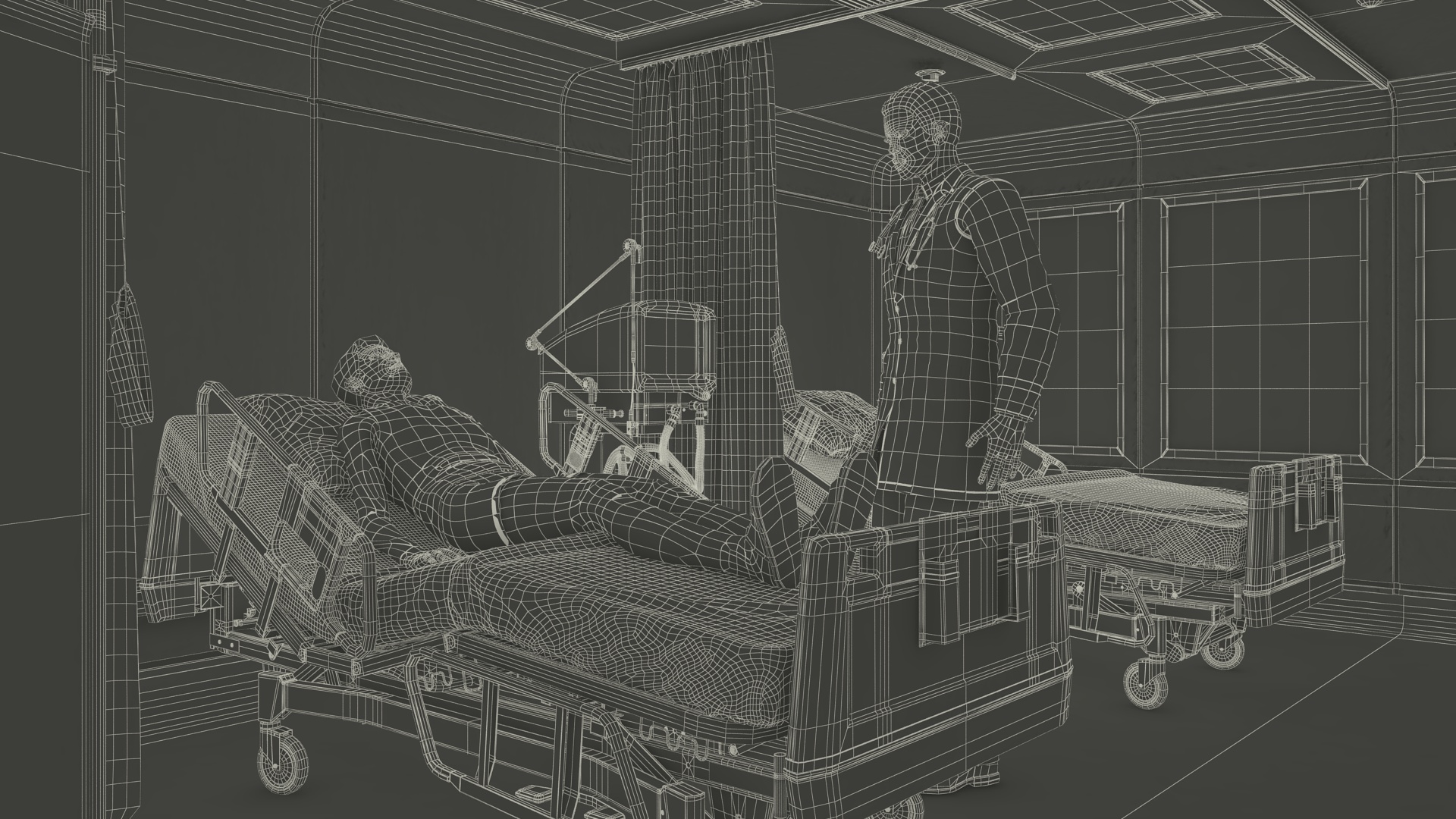 3D Modern Intensive Care Hospital Ward with Patient model