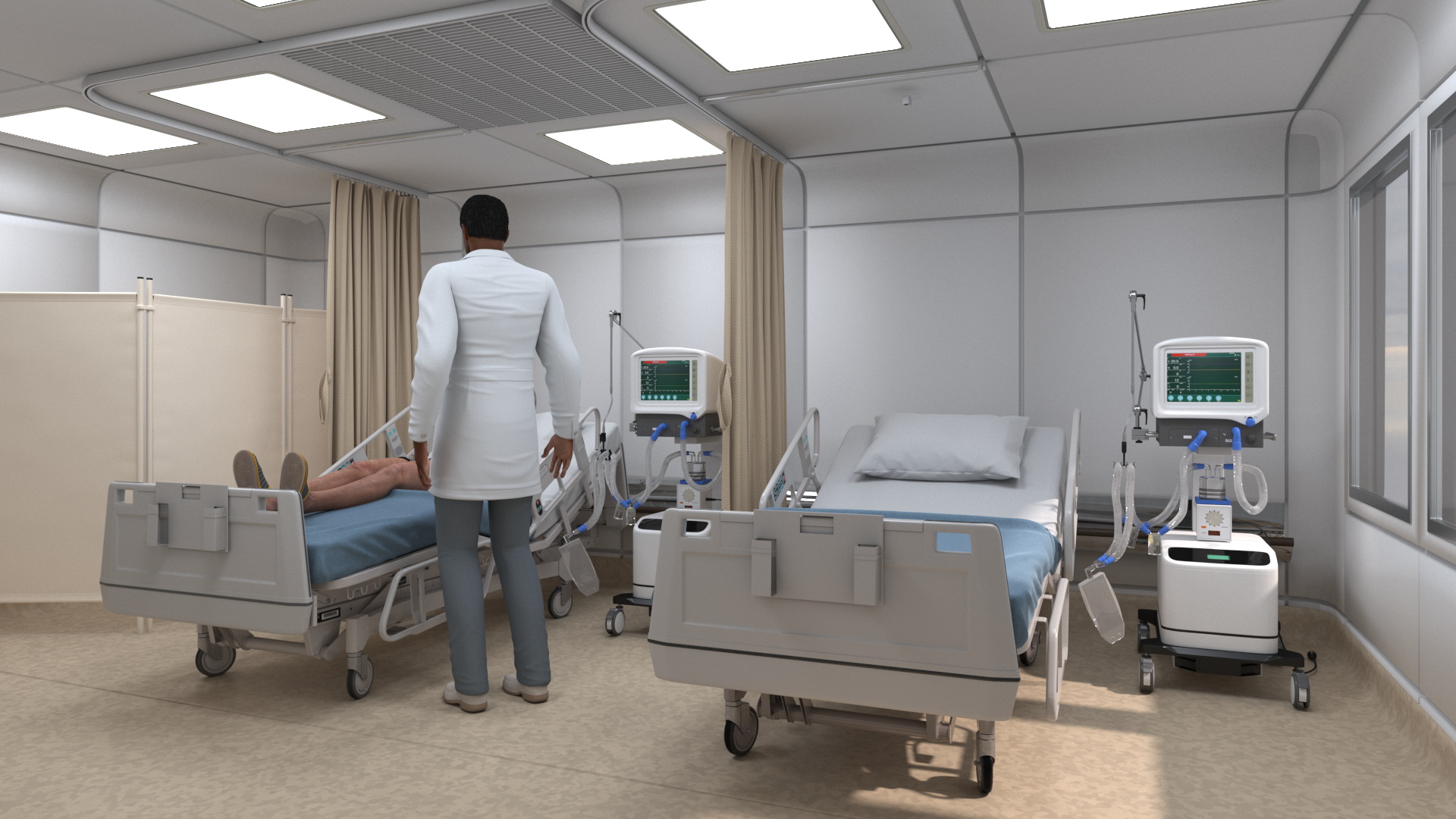 3D Modern Intensive Care Hospital Ward with Patient model