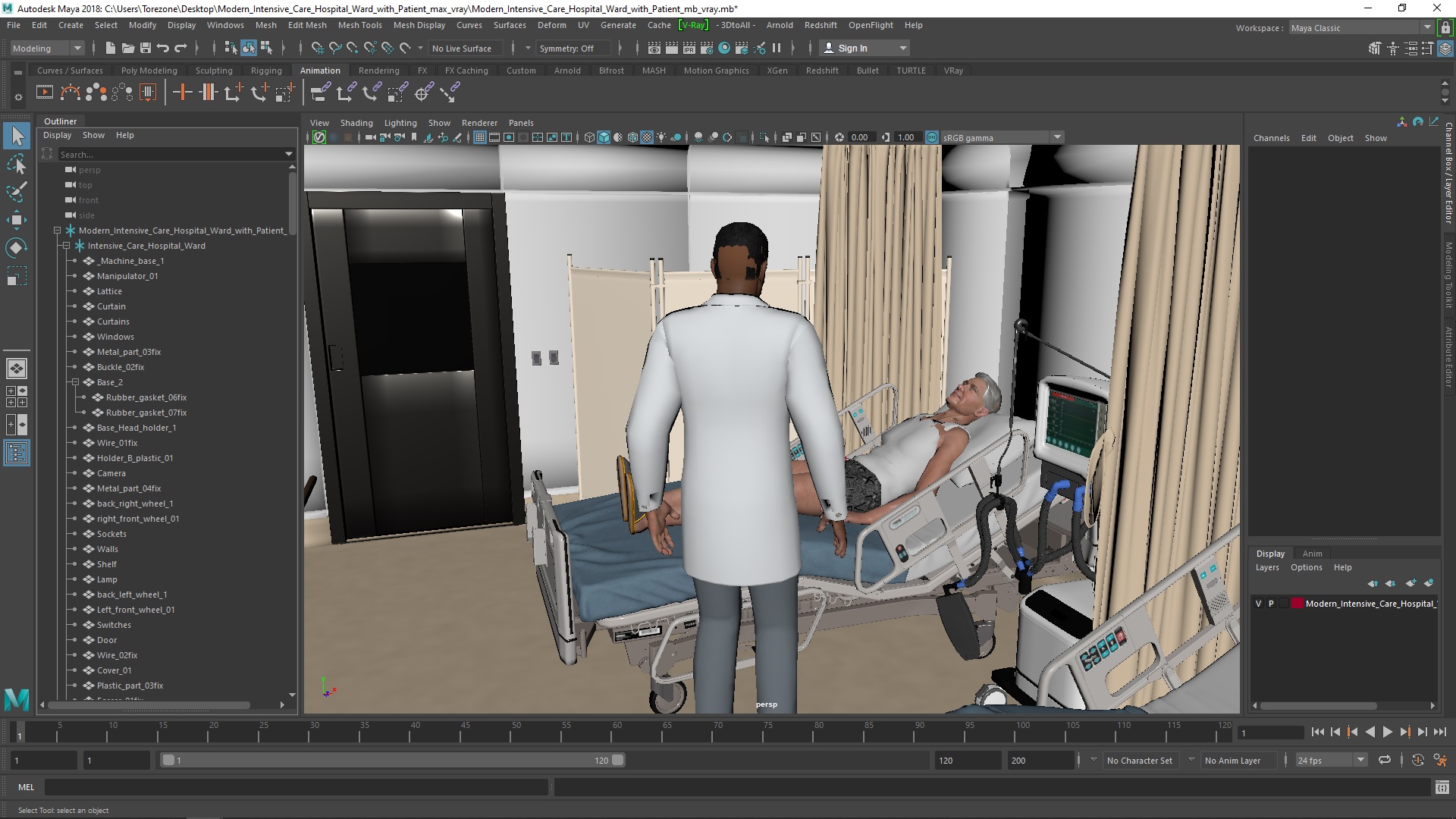 3D Modern Intensive Care Hospital Ward with Patient model