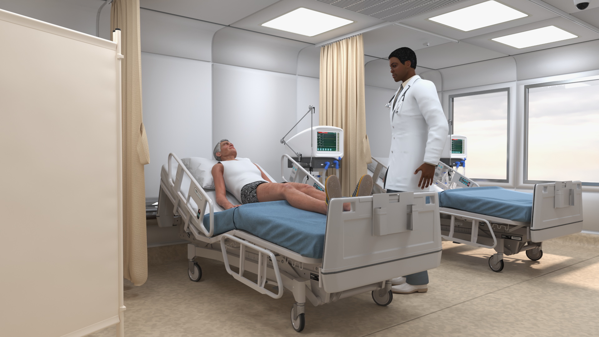 3D Modern Intensive Care Hospital Ward with Patient model