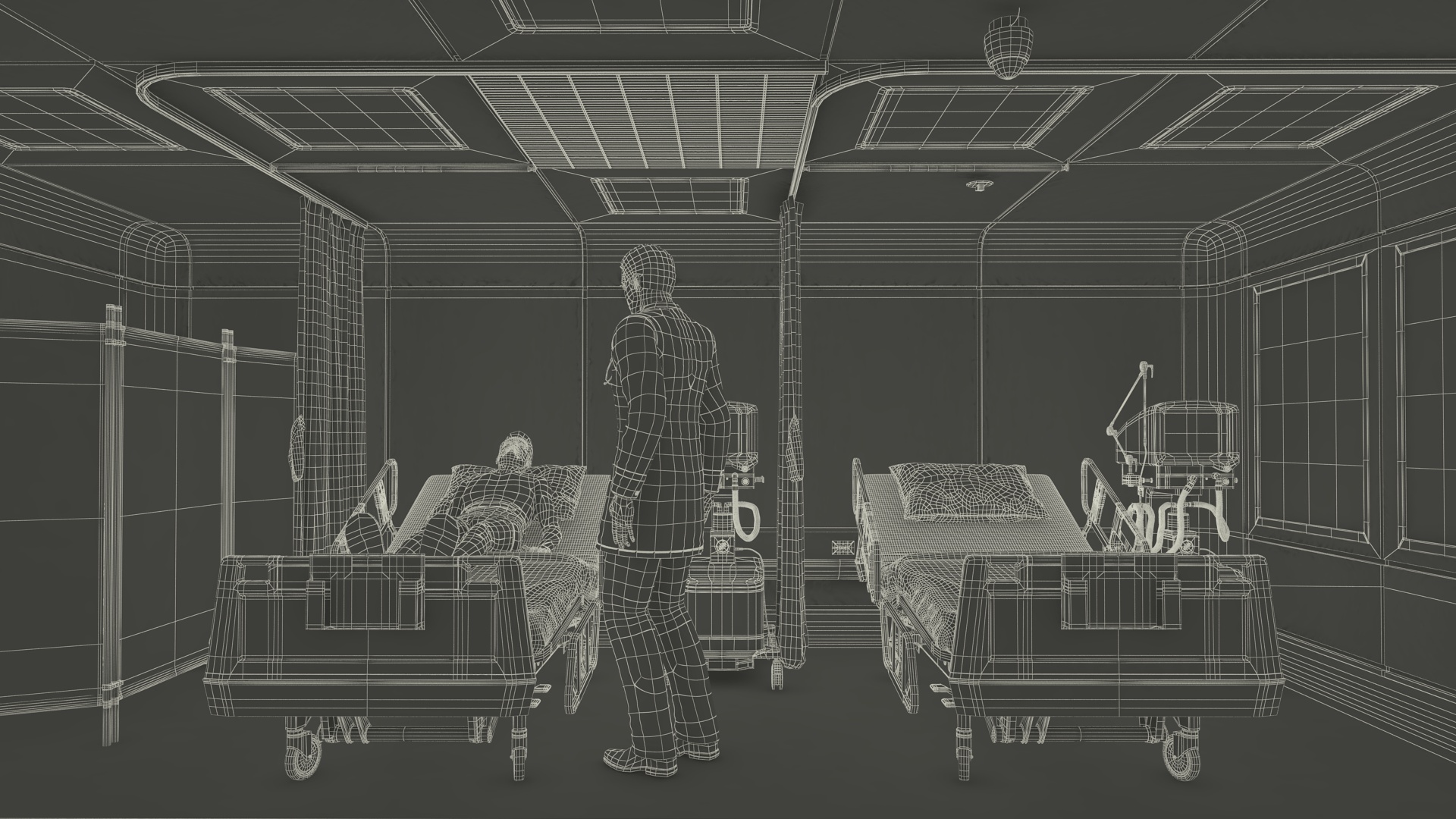 3D Modern Intensive Care Hospital Ward with Patient model