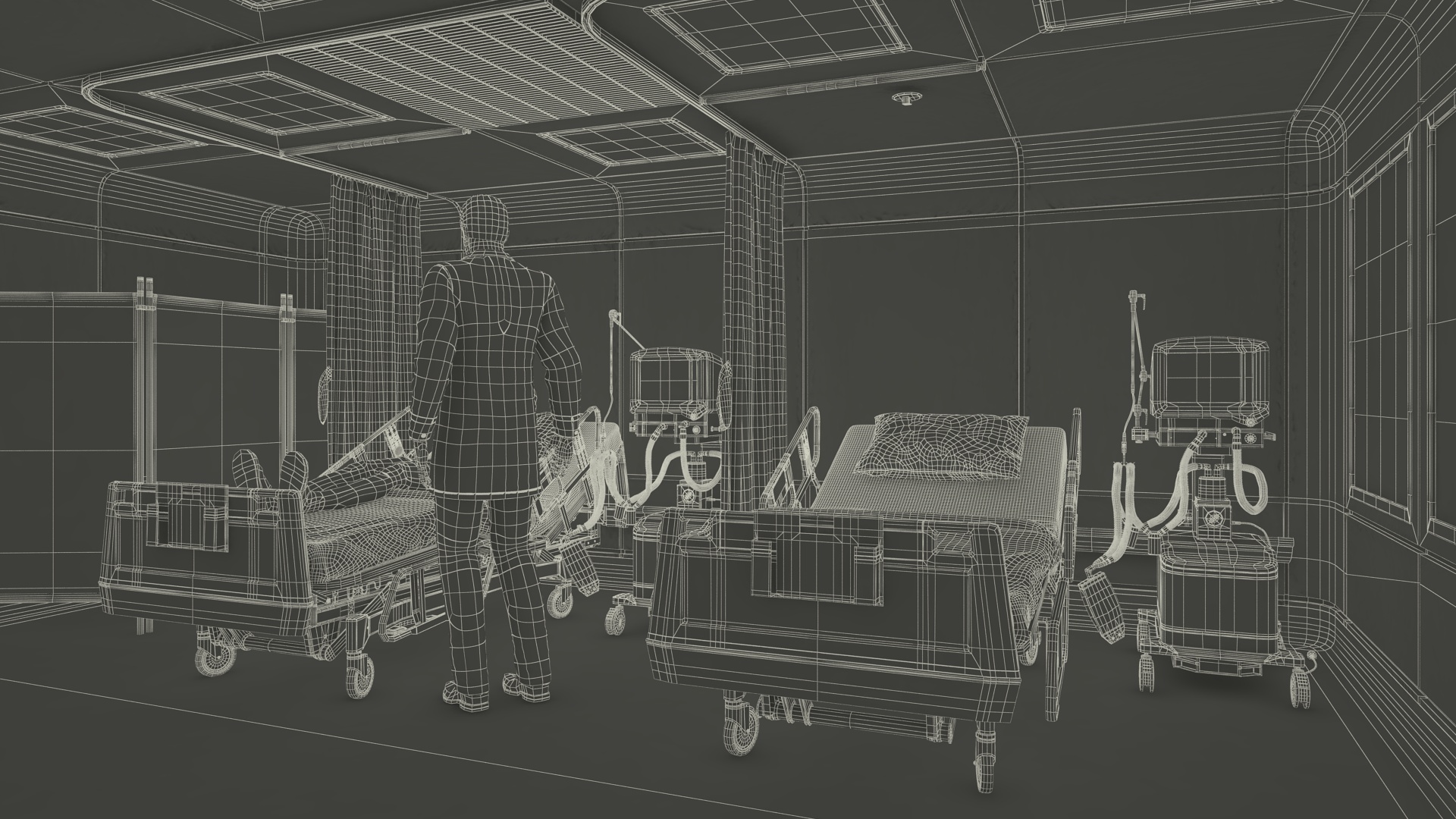 3D Modern Intensive Care Hospital Ward with Patient model