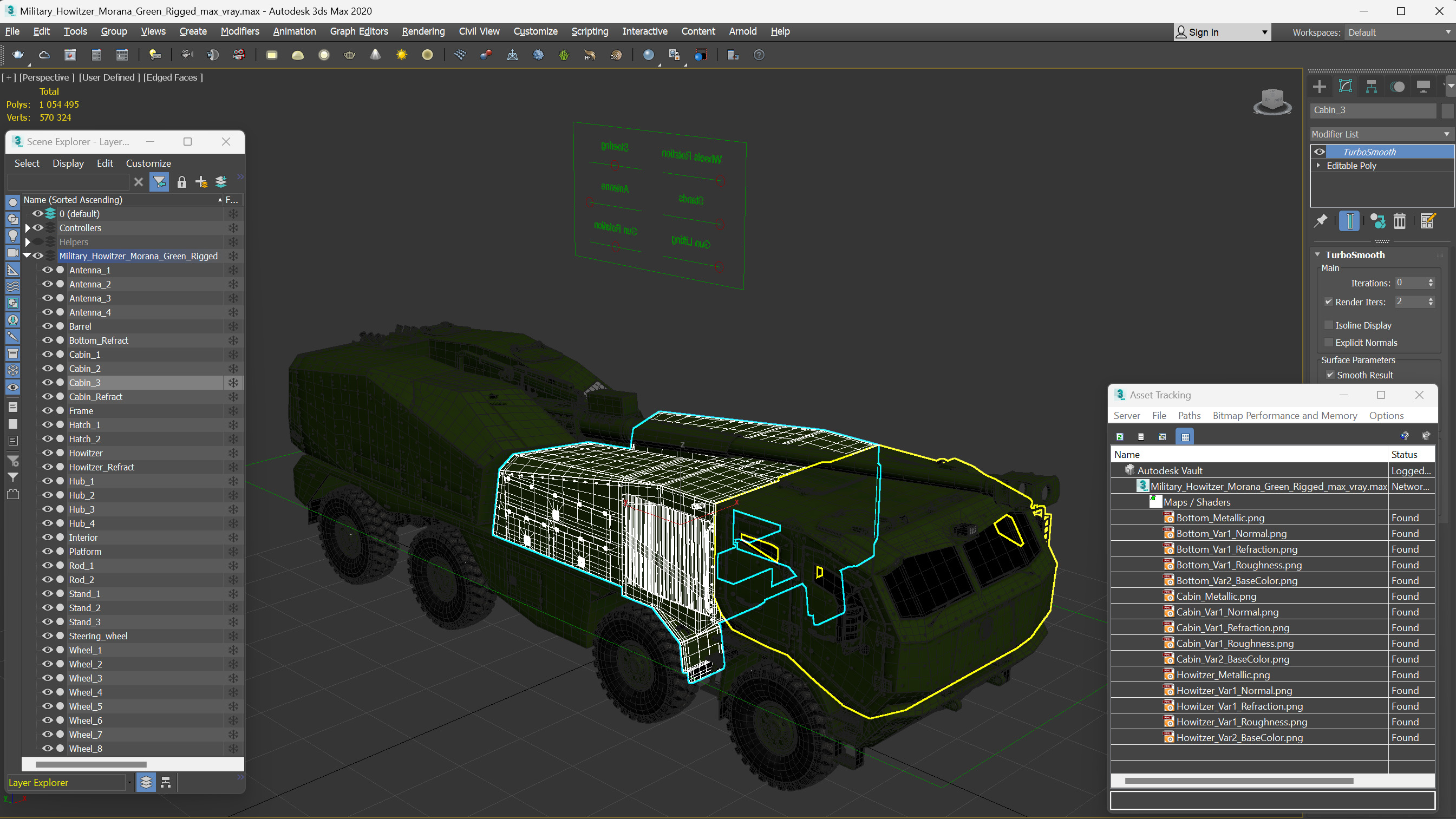 3D Military Howitzer Morana Green Rigged for Cinema 4D