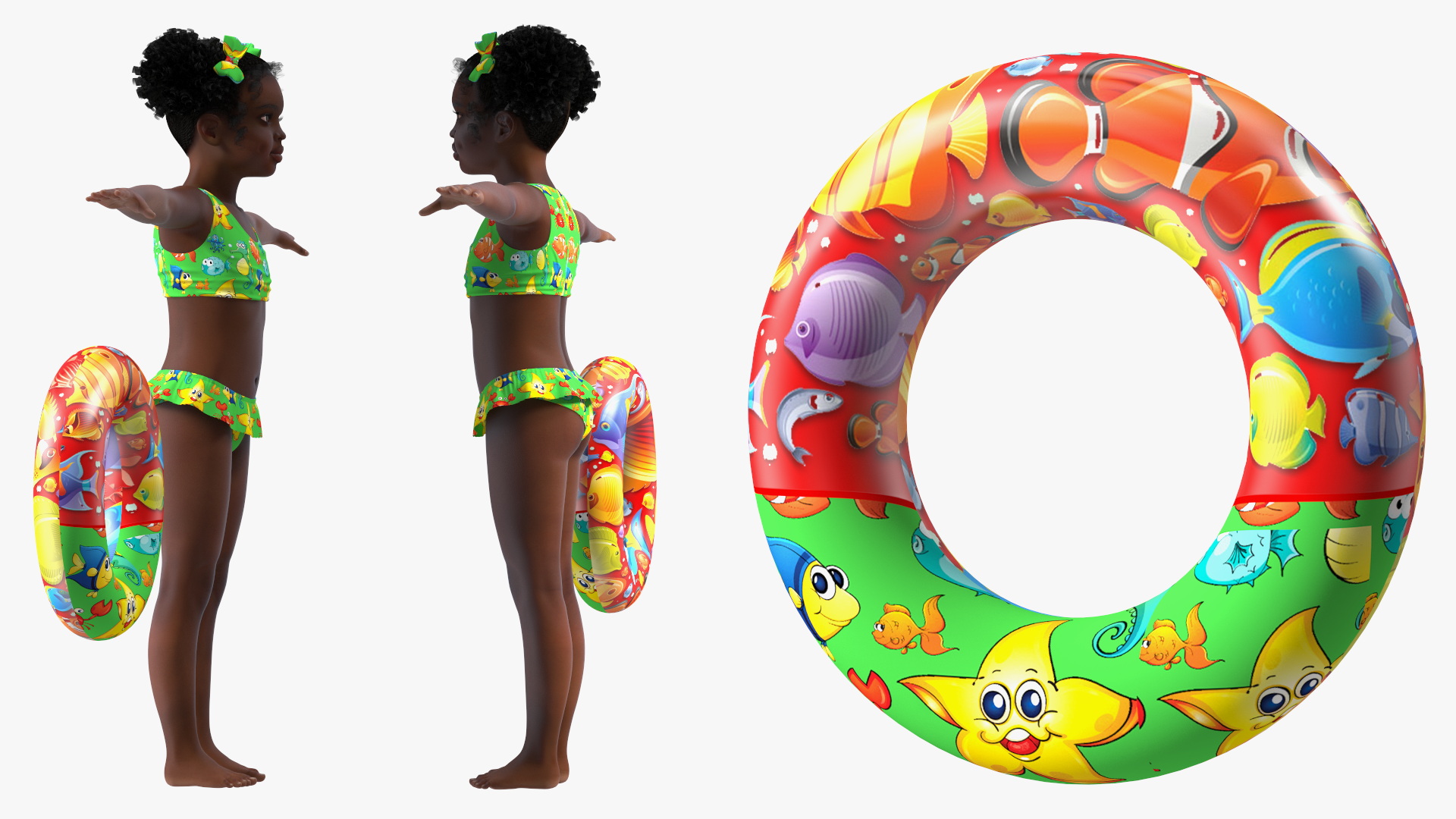 3D model T-Pose Black Girl Child Swimsuit Inflatable Circle