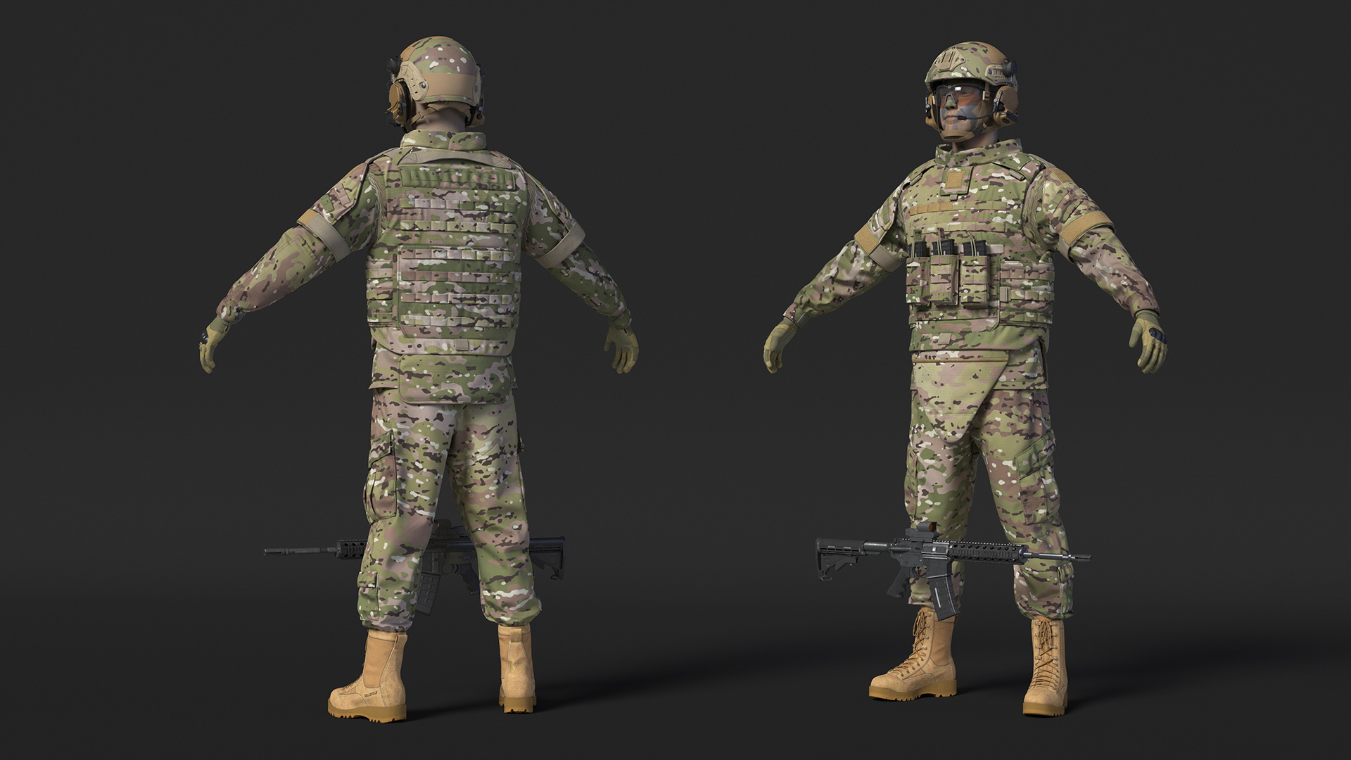 3D model Soldier in Green Gear and Assault Rifle Rigged for Maya