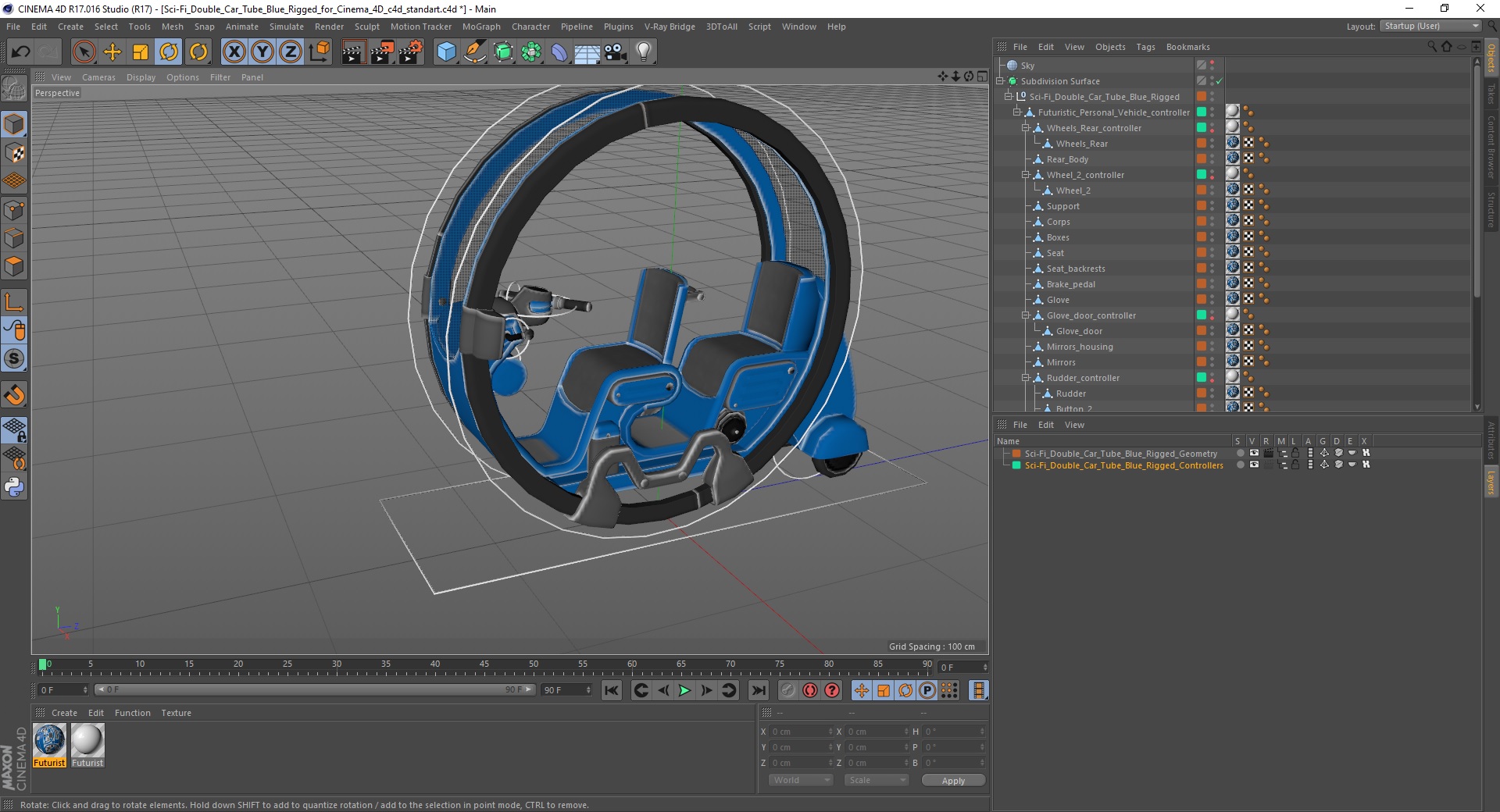 3D Sci-Fi Double Car Tube Blue Rigged for Cinema 4D model