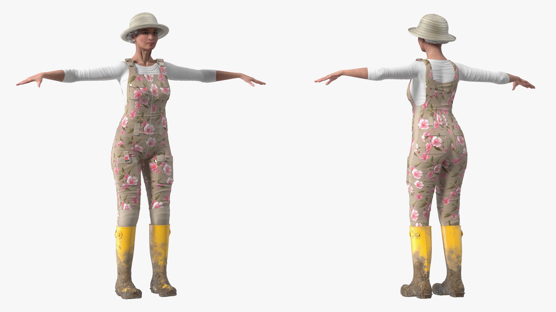 3D Gardener Asian Woman in Rubber Boots