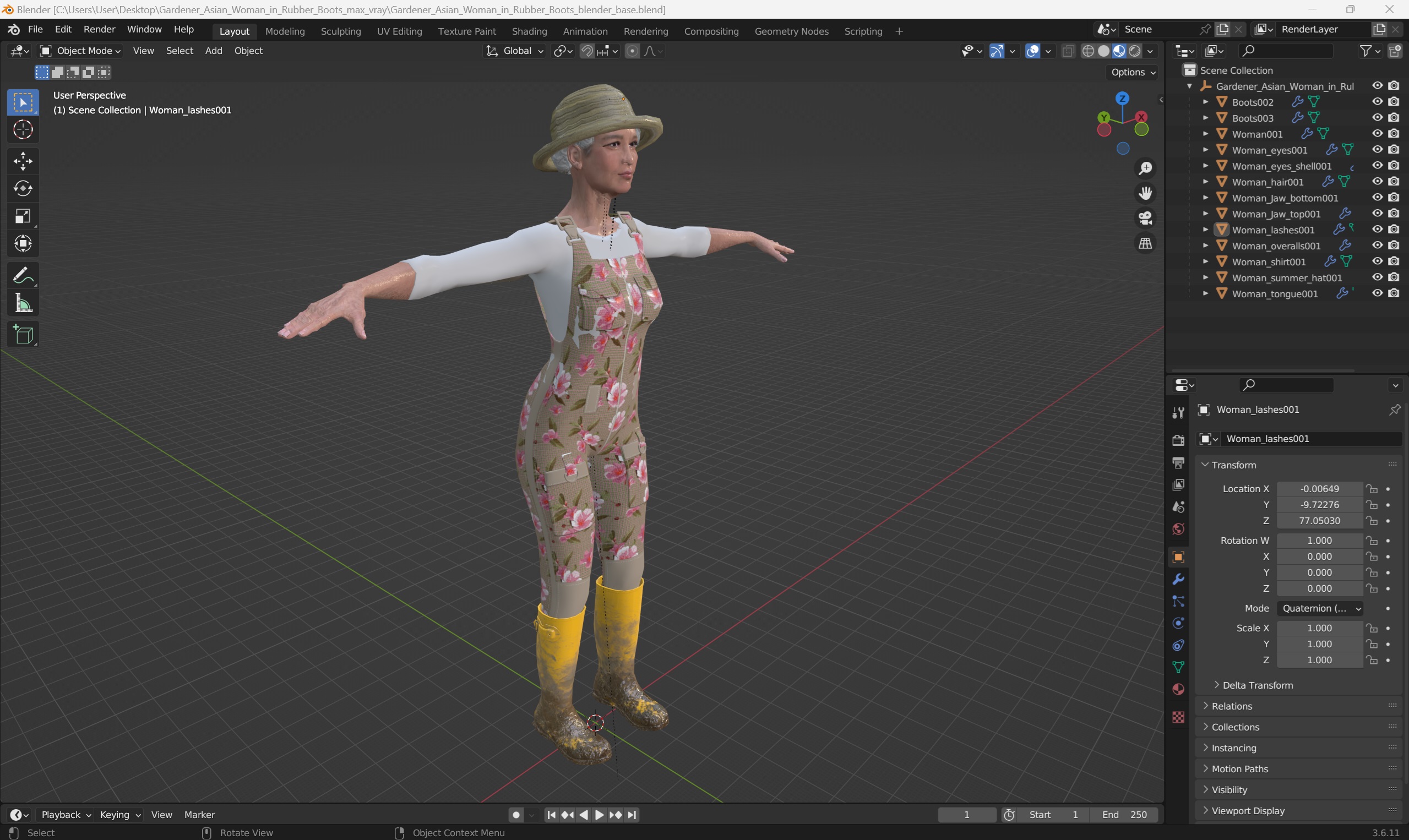 3D Gardener Asian Woman in Rubber Boots