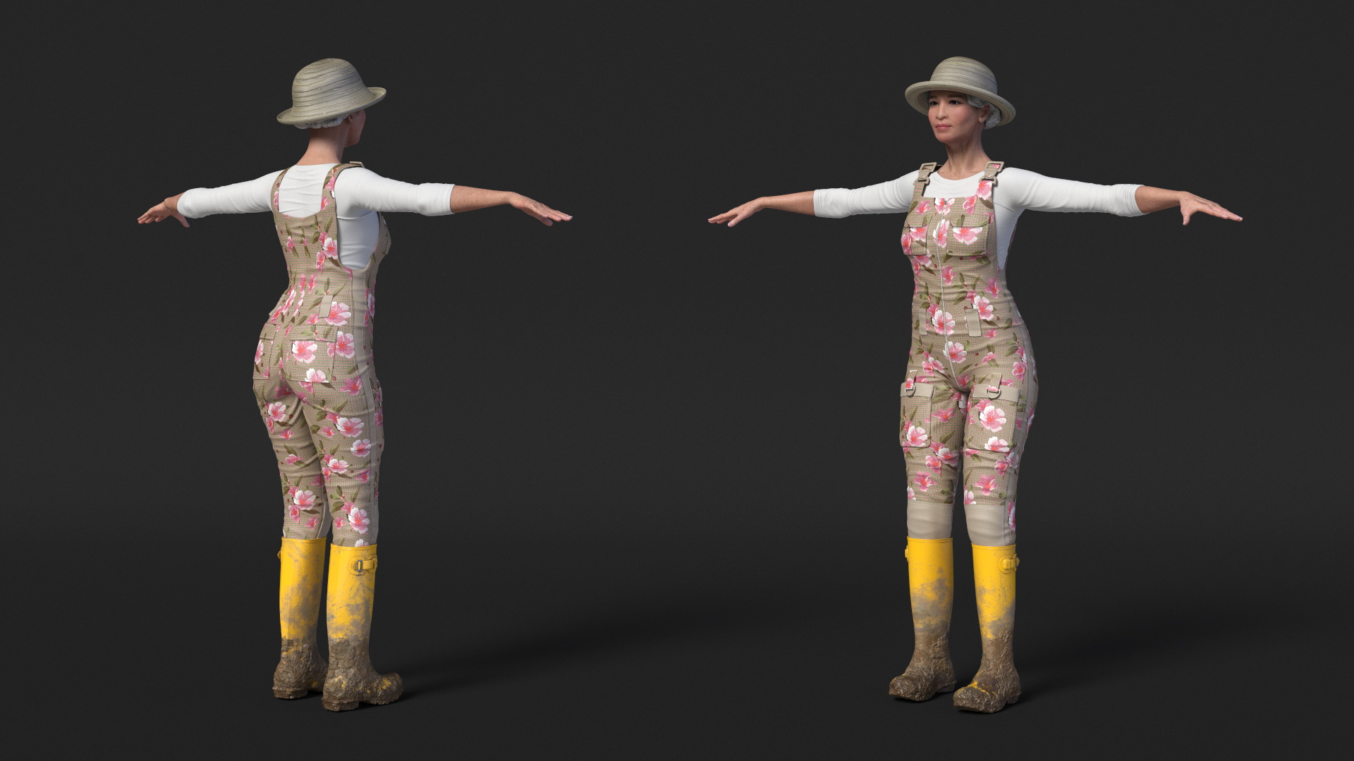 3D Gardener Asian Woman in Rubber Boots