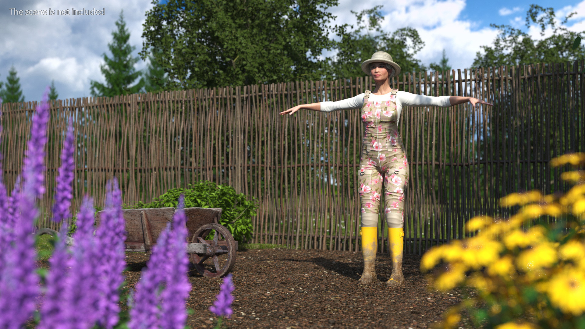 3D Gardener Asian Woman in Rubber Boots