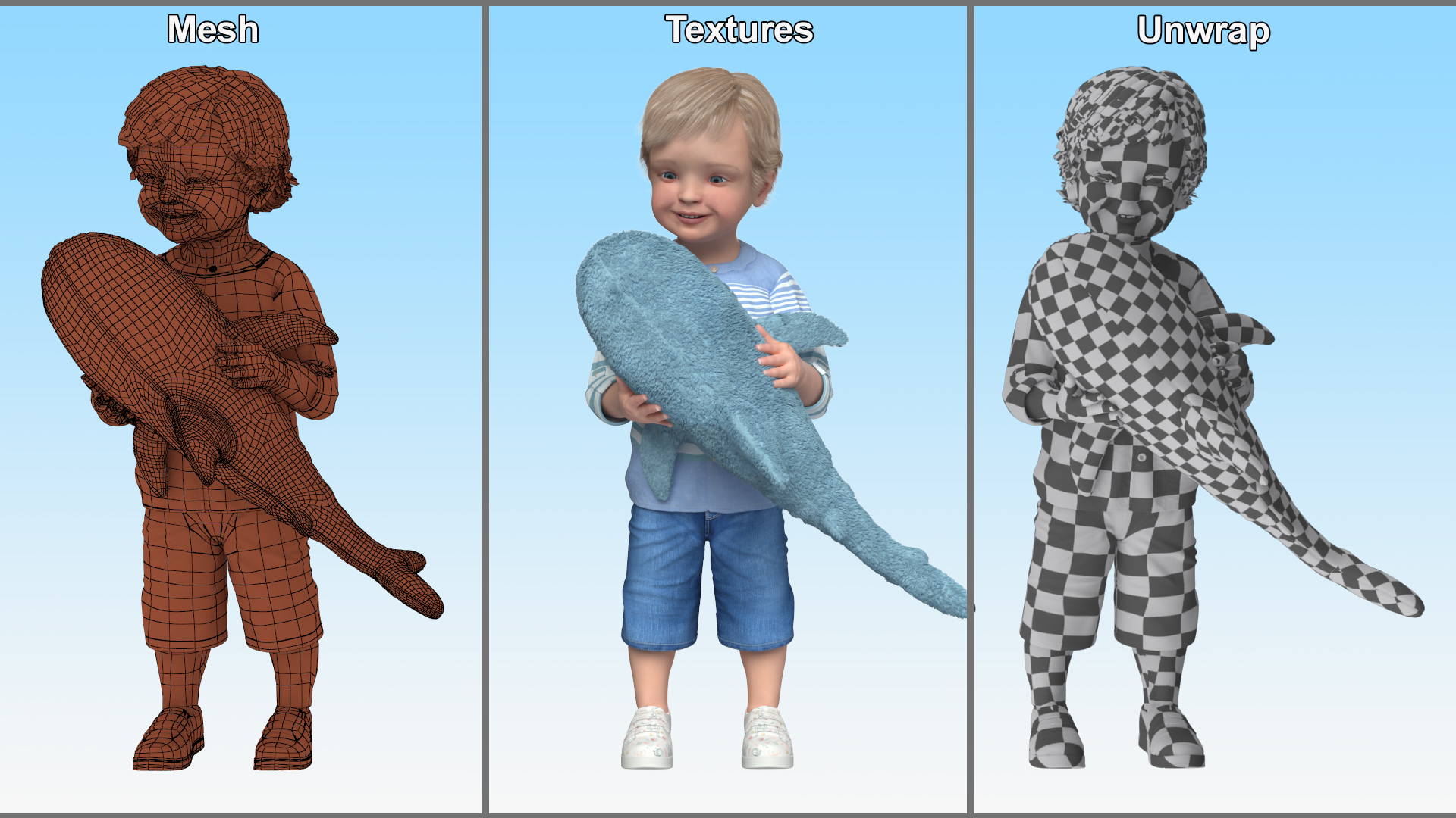 3D Boy Holding IKEA Stuffed Shark Toy Fur model