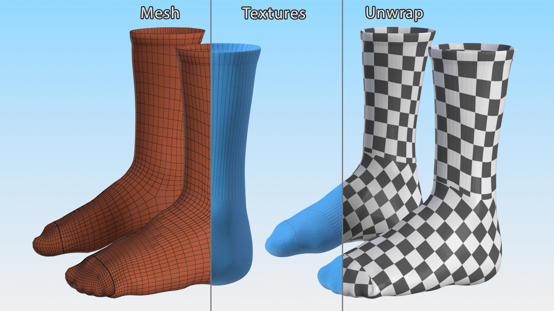 3D Long Socks Blue on The Foot Standing