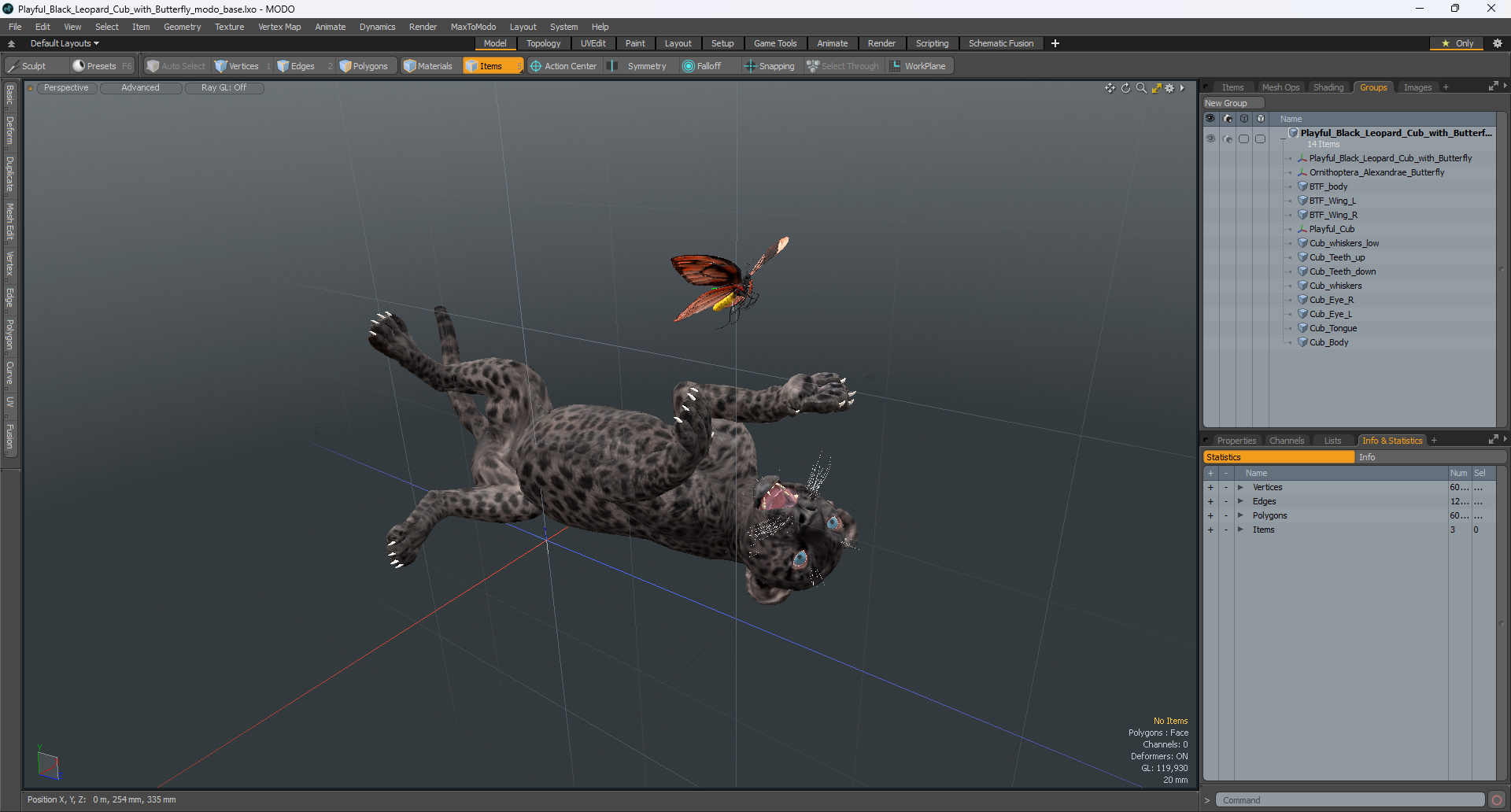 3D model Playful Black Leopard Cub with Butterfly