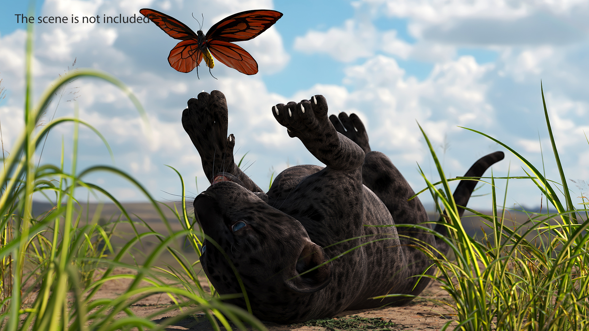 3D model Playful Black Leopard Cub with Butterfly