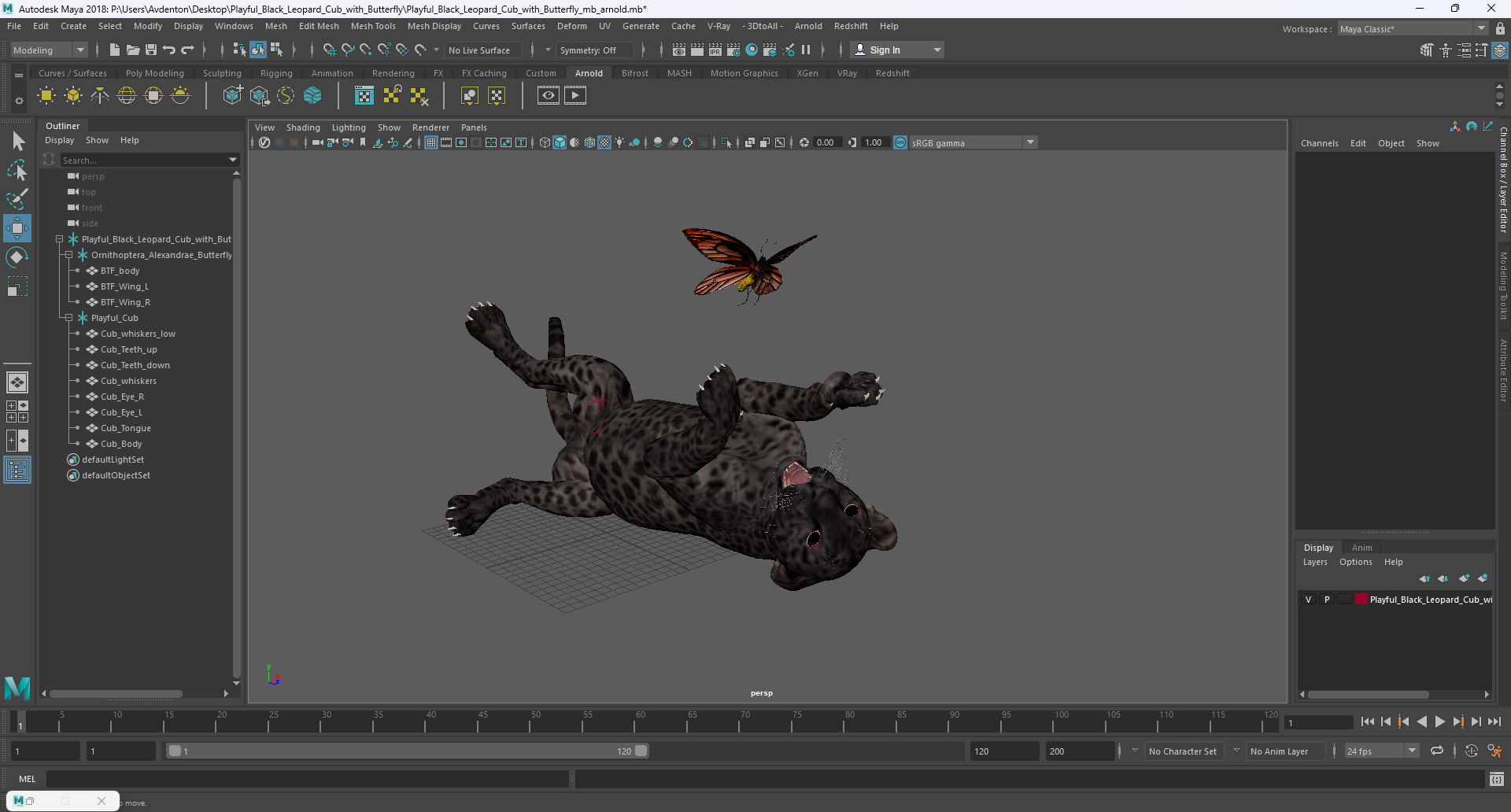 3D model Playful Black Leopard Cub with Butterfly