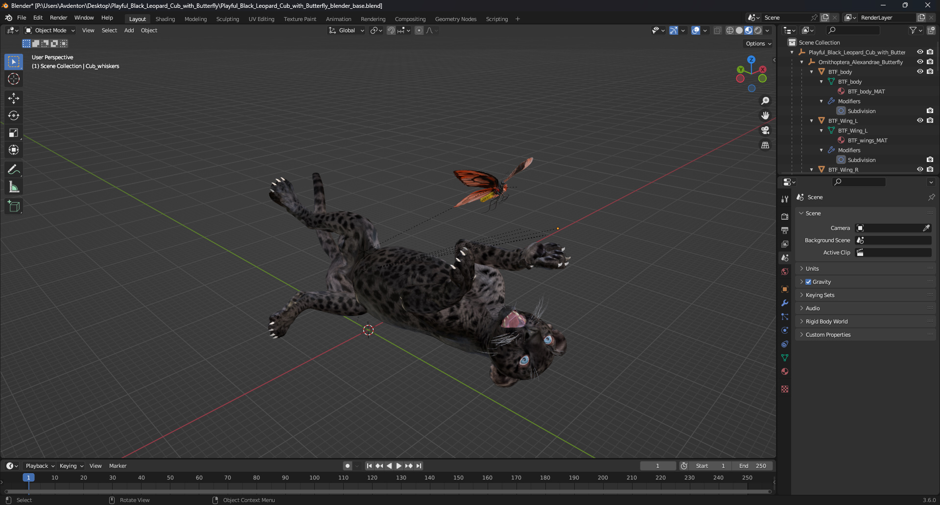 3D model Playful Black Leopard Cub with Butterfly