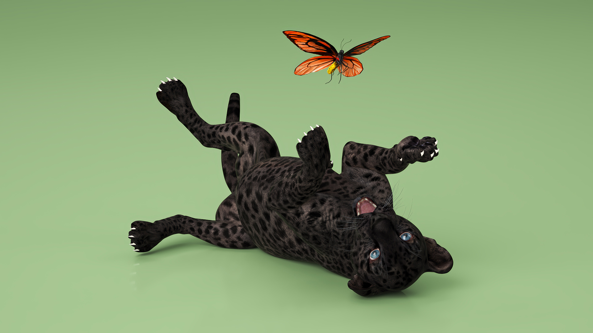 3D model Playful Black Leopard Cub with Butterfly