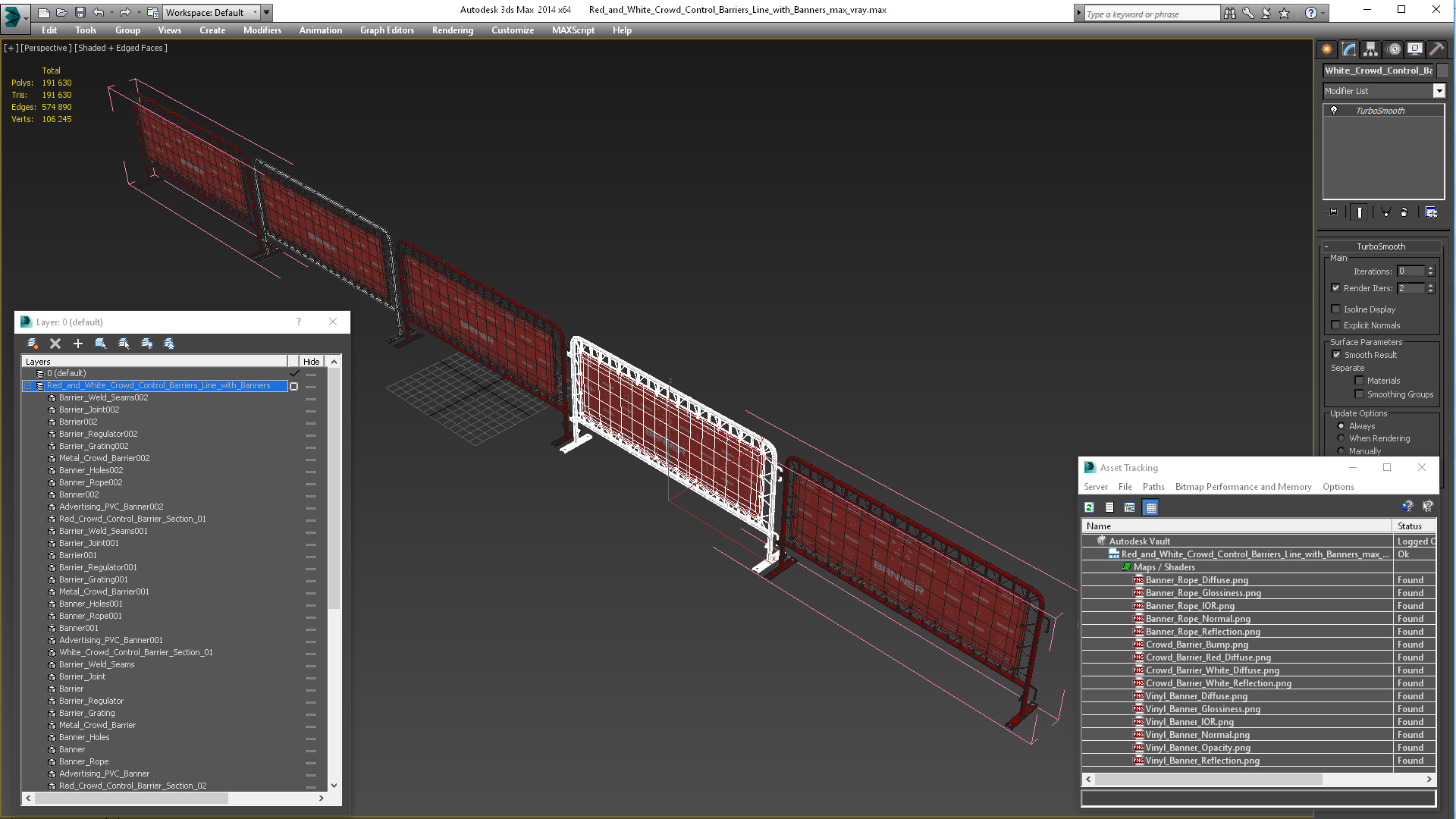 Red and White Crowd Control Barriers Line with Banners 3D model