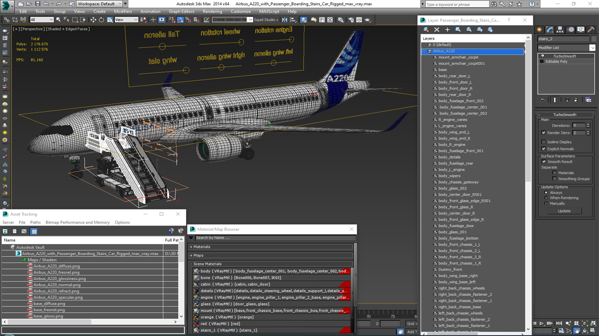 Airbus A220 with Passenger Boarding Stairs Car Rigged for Cinema 4D 3D