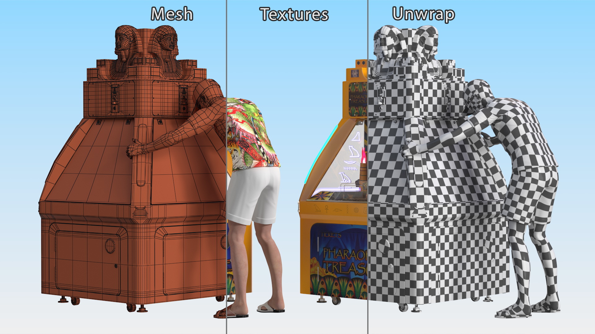 3D Pharaohs Treasure Coin Pusher and Man on Holiday model